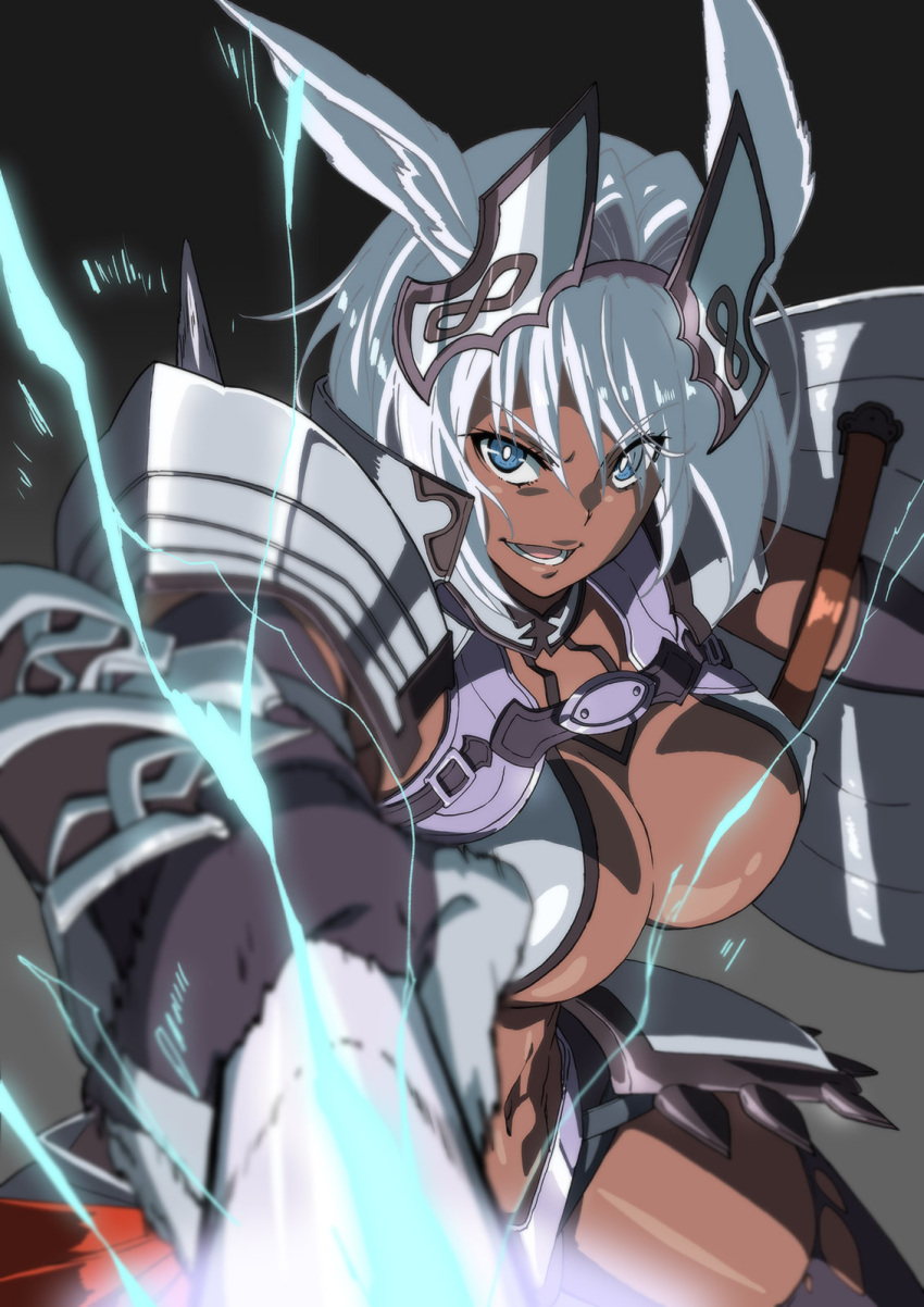 1girl :d animal_ears armor bangs bikini bikini_armor black_background black_gloves black_legwear blue_eyes body_markings breasts caenis_(fate) cleavage collarbone commentary_request cowboy_shot dark_skin dark_skinned_female electricity eyebrows_visible_through_hair fate/grand_order fate_(series) faulds gauntlets gloves groin hair_between_eyes hair_intakes headpiece highleg highleg_bikini highres holding holding_shield holding_spear holding_weapon large_breasts long_hair looking_at_viewer lower_teeth midriff navel open_mouth polearm shield shoulder_armor sidelocks simple_background smile solo spear standing swimsuit thighhighs torn_clothes torn_legwear waist_cape weapon white_armor white_hair yuukami_(wittsu)