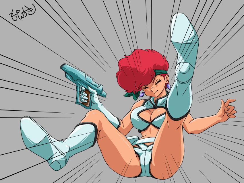 1girl breasts cleavage closed_eyes dirty_pair earrings emphasis_lines falling gloves green_headband grey_background gun headband highres holding holding_gun holding_weapon jewelry kei_(dirty_pair) medium_breasts midriff moechiki open_hand red_hair single_glove solo weapon white_footwear white_gloves