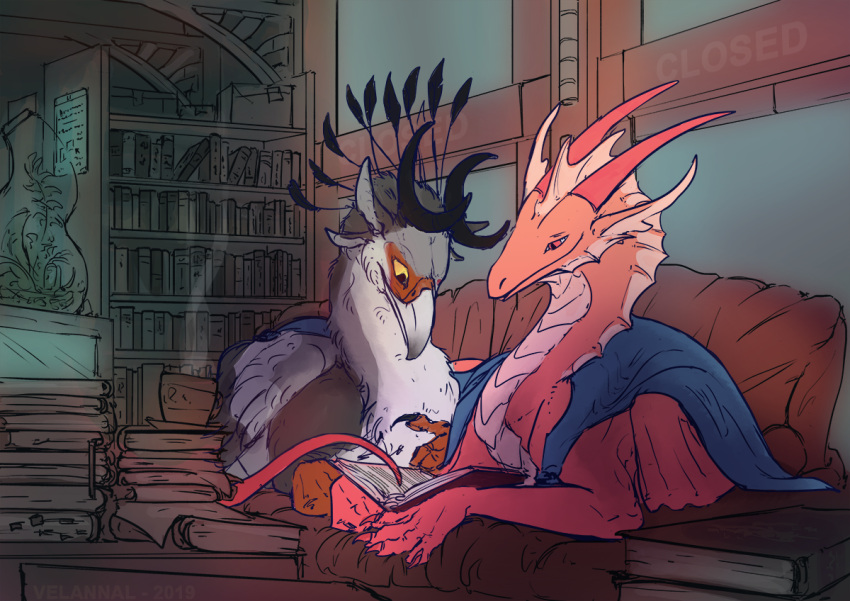 ambiguous_gender archgryphon avian beak bedding beverage blanket book bookshelf claws cozy cuddling curved_horn dragon duo feathers female feral frill_(anatomy) furniture gesture grey_body grey_feathers gryphon horn library looking_down male male/female mythological_avian mythology pink_body pink_scales plant pointing quill_libellus reading red_body red_eyes red_scales reptile scales scalie sekr sekr-et-tiar_(sekr) talons tea velannal yellow_eyes