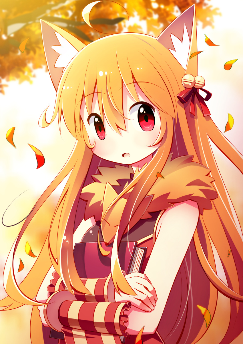1girl absurdres ahoge animal_around_neck animal_ear_fluff animal_ears autumn_leaves bangs bell blush book commentary_request crossed_arms detached_sleeves doridori dress eyebrows_visible_through_hair fox fox_ears hair_bell hair_between_eyes hair_ornament hair_ribbon highres holding holding_book jingle_bell leaf long_hair looking_at_viewer open_mouth professor_(ragnarok_online) ragnarok_online red_dress red_eyes red_ribbon red_sleeves ribbon sleeveless sleeveless_dress solo striped_sleeves tree upper_body yellow_sleeves