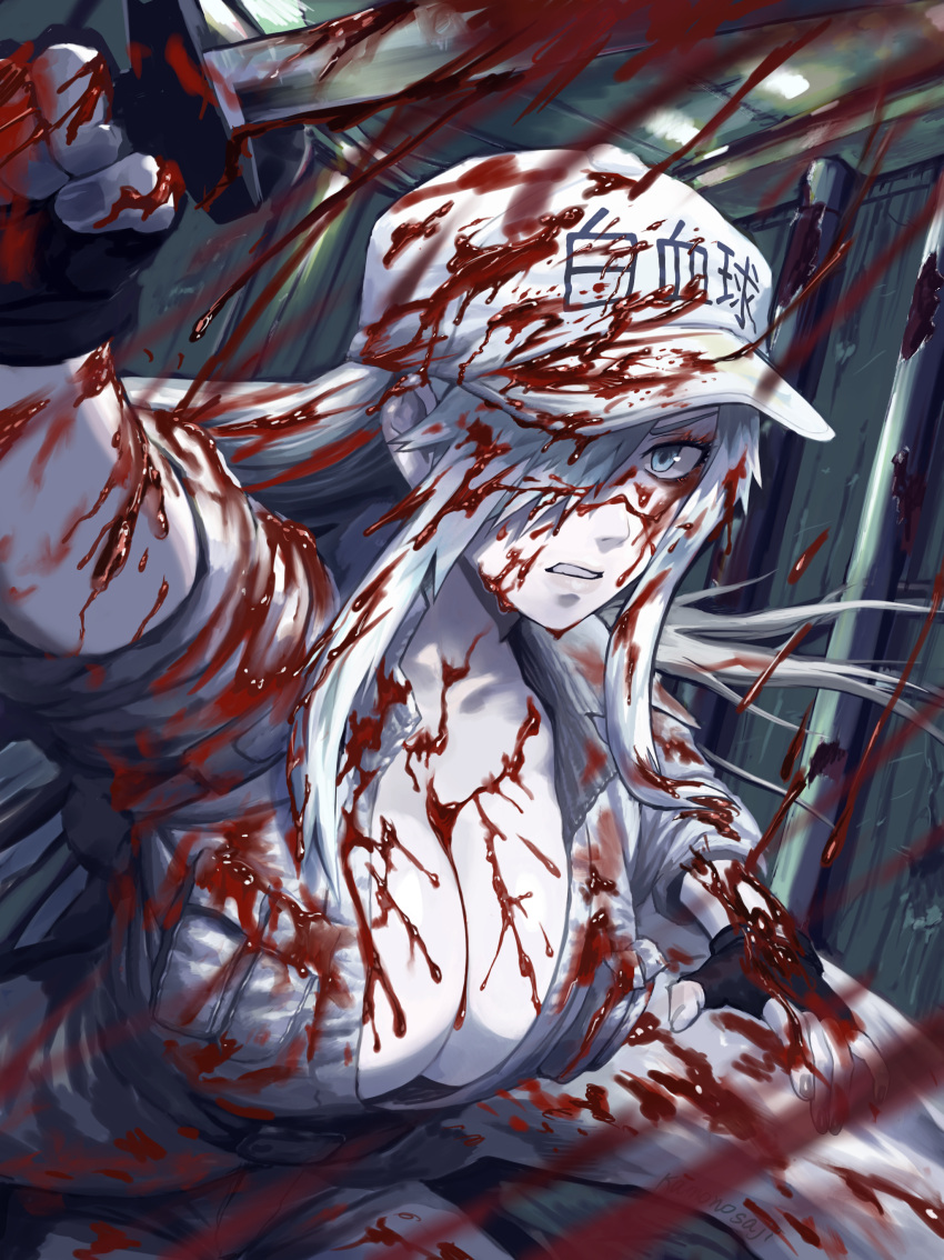 1girl absurdres blood blood_on_breasts blood_on_face blood_splatter bloody_clothes breast_pocket breasts cleavage clenched_teeth colored_skin employee_uniform fingerless_gloves gloves hair_over_one_eye hat hataraku_saibou hataraku_saibou_black highres holding holding_sword holding_weapon large_breasts long_hair pale_skin pocket sharp_mente sword teeth u-1196 uniform upper_body weapon white_blood_cell_(hataraku_saibou) white_hair white_skin