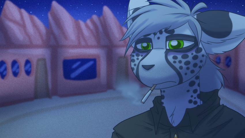 16:9 a_story_with_a_known_end anthro cheetah cigarette clothed clothing felid feline green_eyes grey_hair hair male mammal meme night outside ripli sad sint_(hfd4) solo star street webcomic widescreen