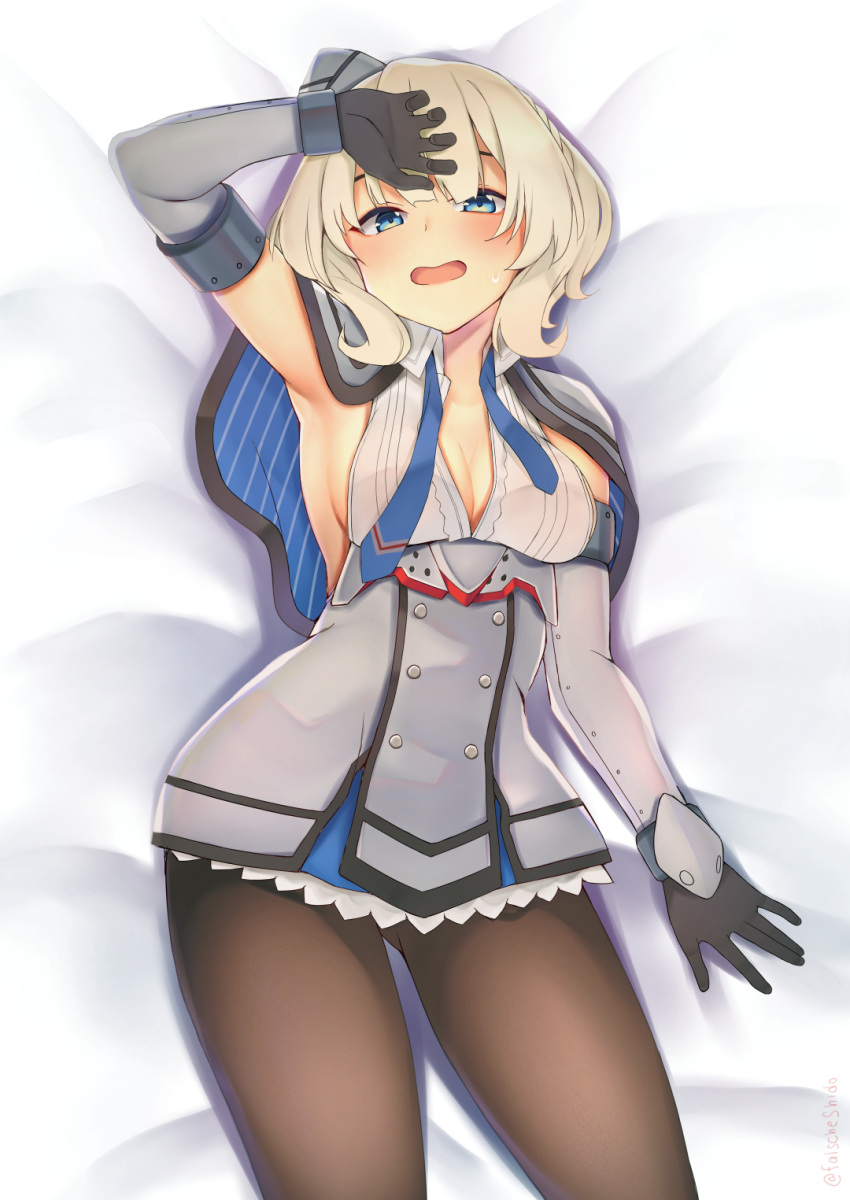 1girl armpits black_gloves black_legwear blonde_hair blue_eyes blue_neckwear blush breasts capelet colorado_(kantai_collection) dress elbow_gloves falsche.shido garrison_cap gloves grey_capelet grey_dress grey_gloves grey_headwear hat highres kantai_collection looking_at_viewer necktie open_mouth pantyhose pleated_dress ribbon shirt short_hair side_braids sideboob skirt sleeveless white_shirt