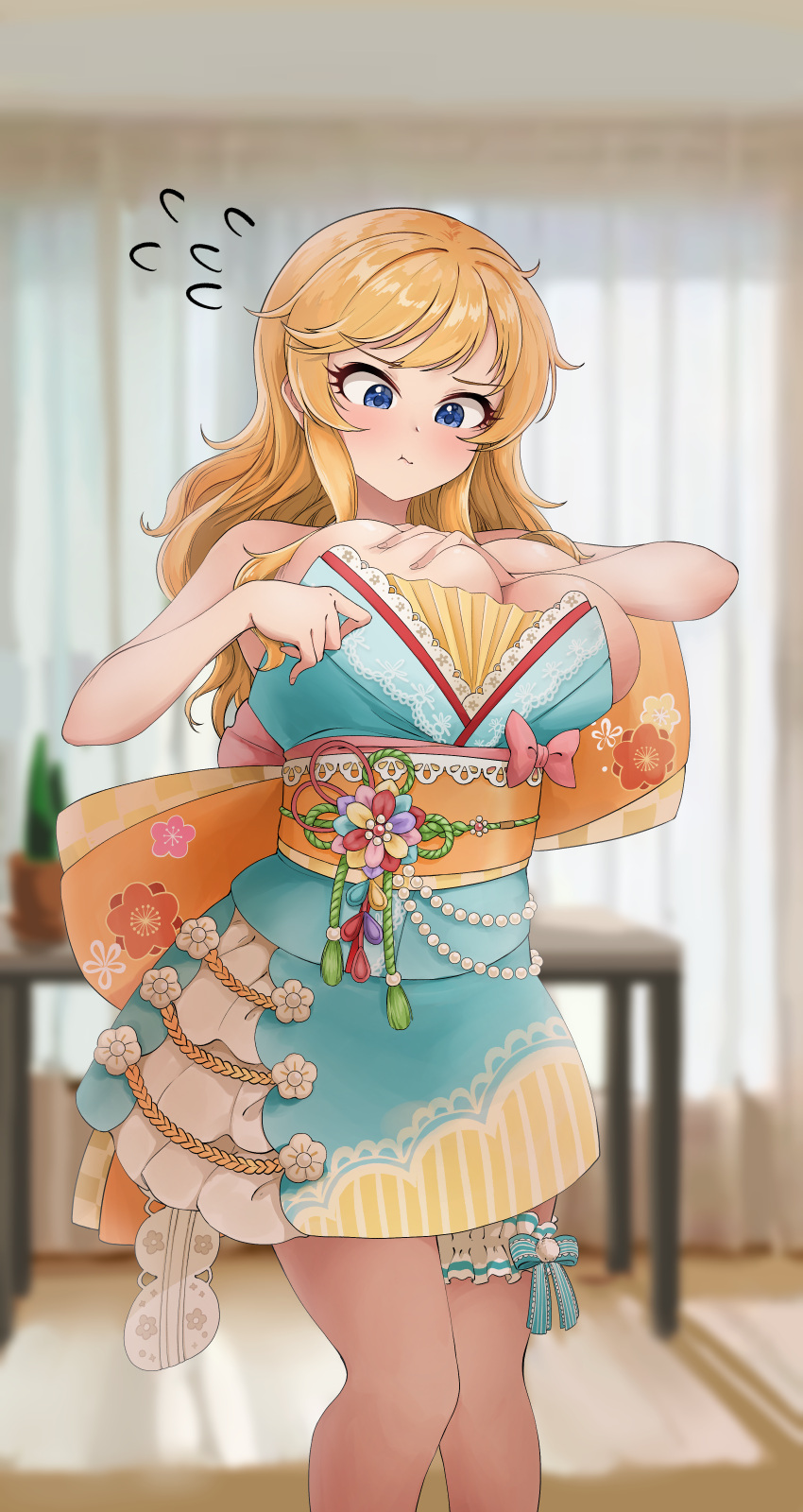 1girl absurdres bangs bare_shoulders blonde_hair blue_eyes blush breasts cleavage flying_sweatdrops highres idolmaster idolmaster_cinderella_girls indoors large_breasts long_hair ootsuki_yui plant potted_plant pout sash solo table ushimochi