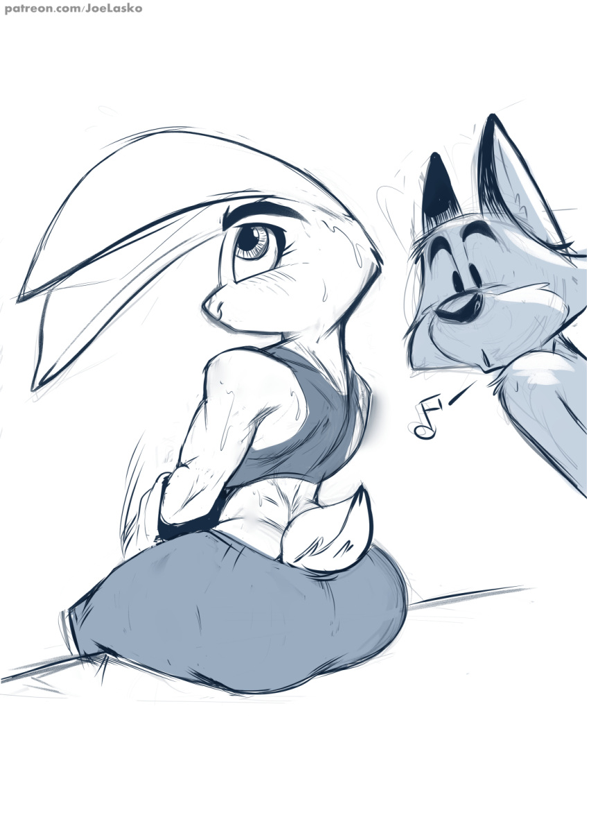 anthro bodily_fluids bottomwear bra canid canine clothing disney duo female fox hi_res joelasko judy_hopps lagomorph leporid male mammal monochrome muscular muscular_female musical_note nick_wilde pants rabbit sitting sports_bra sweat text thick_thighs tight_bottomwear tight_clothing tight_pants underwear url zootopia