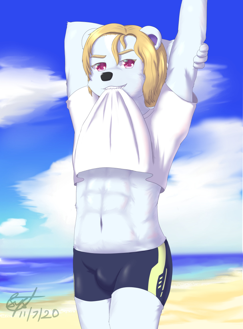 2020 abs absurd_res anthro beach blonde_hair blue_body blue_fur clothed clothing clothing_bite clothing_lift digital_drawing_(artwork) digital_media_(artwork) fur hair hi_res male mammal polar_bear seaside short_pants solo swimwear syst syst_(character) ursid ursine white_clothing