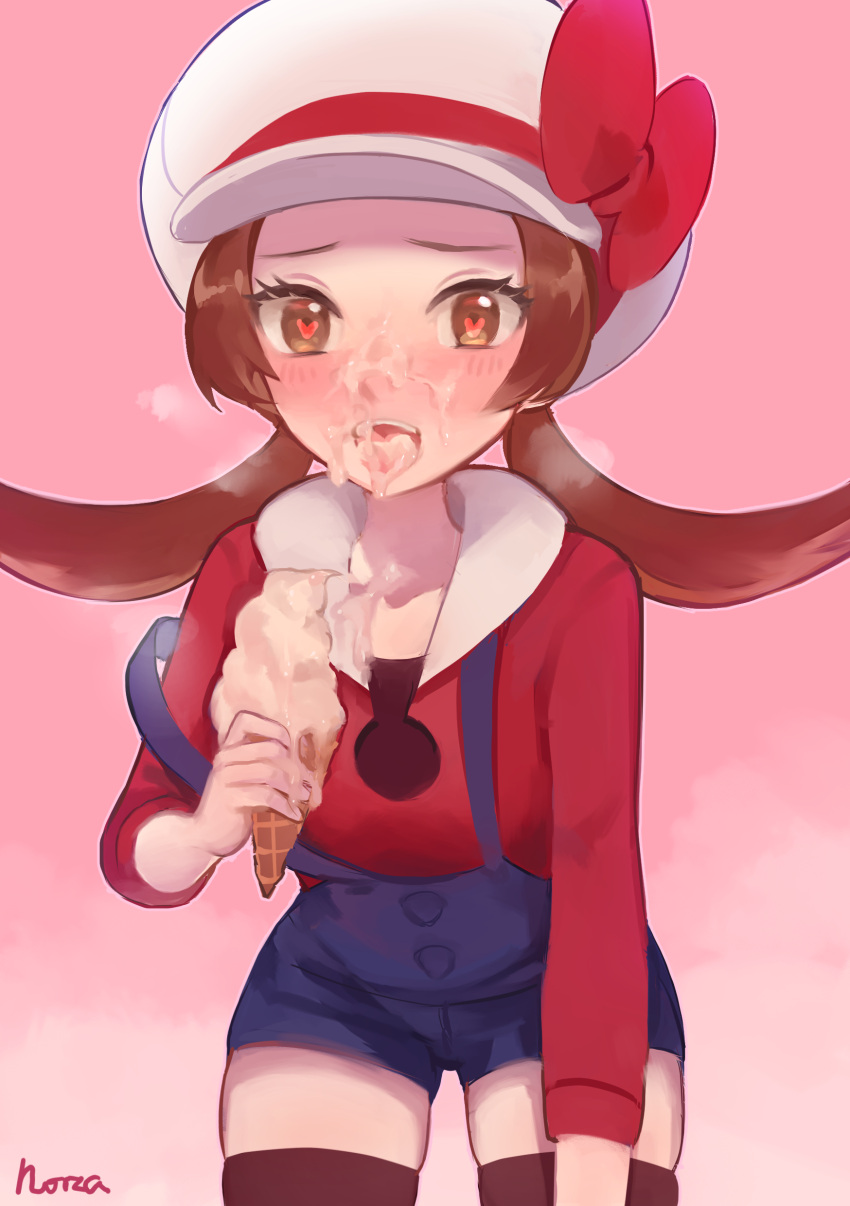 1girl absurdres blush brown_eyes brown_hair brown_legwear commentary_request eyelashes food food_on_face hat hat_ribbon heart heart_in_eye highres holding ice_cream ice_cream_cone ice_cream_on_face leaning_forward long_hair looking_at_viewer lyra_(pokemon) norza open_mouth overalls pokemon pokemon_(game) pokemon_hgss red_shirt ribbon sexually_suggestive shirt signature sleeves_past_elbows solo strap_slip symbol_in_eye teeth thighhighs tongue twintails white_headwear