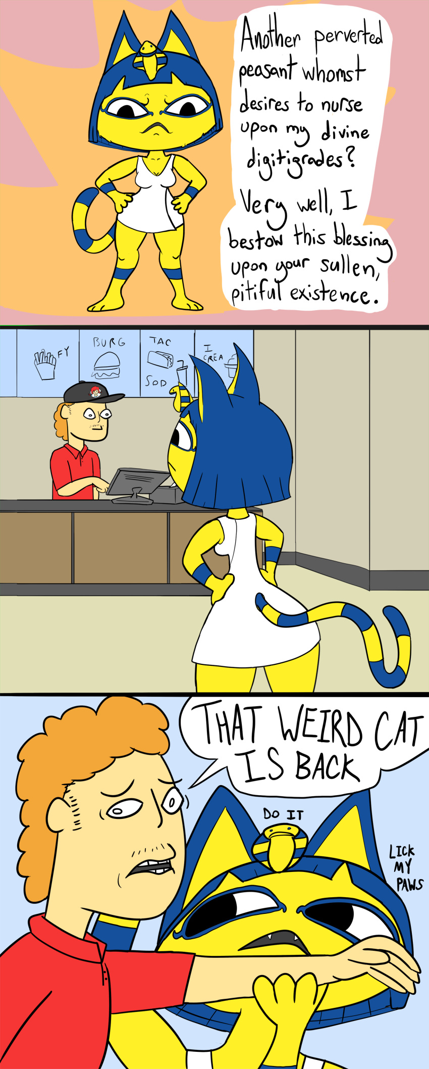 absurd_res animal_crossing ankha_(animal_crossing) anthro burgerpocalypse clothing comic domestic_cat domination dress duo english_text felid feline felis female female_domination forced fur hi_res human humor male mammal nintendo striped_body striped_fur stripes text thick_thighs video_games wendy's_old_fashioned_hamburgers wide_hips