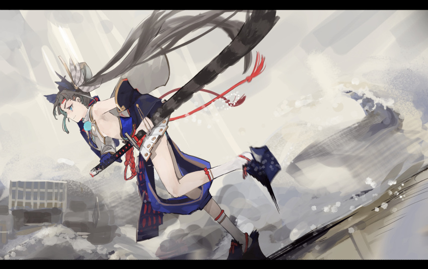 1girl armor bare_shoulders black_hair blue_eyes breasts detached_sleeves fate/grand_order fate_(series) gloves highres holding holding_sword holding_weapon katana kneehighs long_hair outdoors revealing_clothes sandals sheath sheathed side_ponytail solo sword ushiwakamaru_(fate/grand_order) very_long_hair weapon white_legwear yorurokujuu