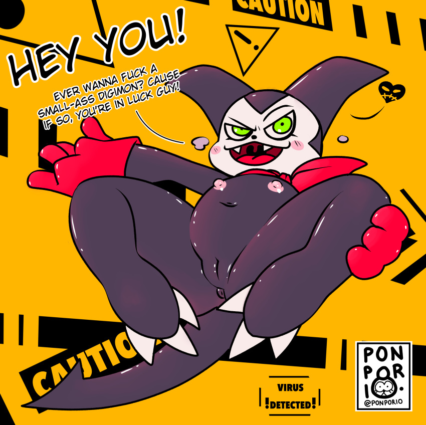 absurd_res anthro anus blush clothing dialogue digimon digimon_(species) dwarfism english_text female flat_chested genitals gloves green_eyes handwear hi_res impmon mostly_nude navel nipples ponporio_(artist) presenting pussy scarf solo text