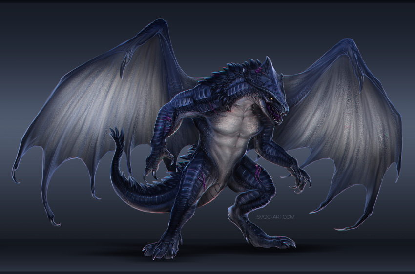 anthro biped blue_body bone_frill claws dragon frill_(anatomy) hi_res isvoc male open_mouth scales scalie simple_background solo teeth western_dragon wings zo'tesh