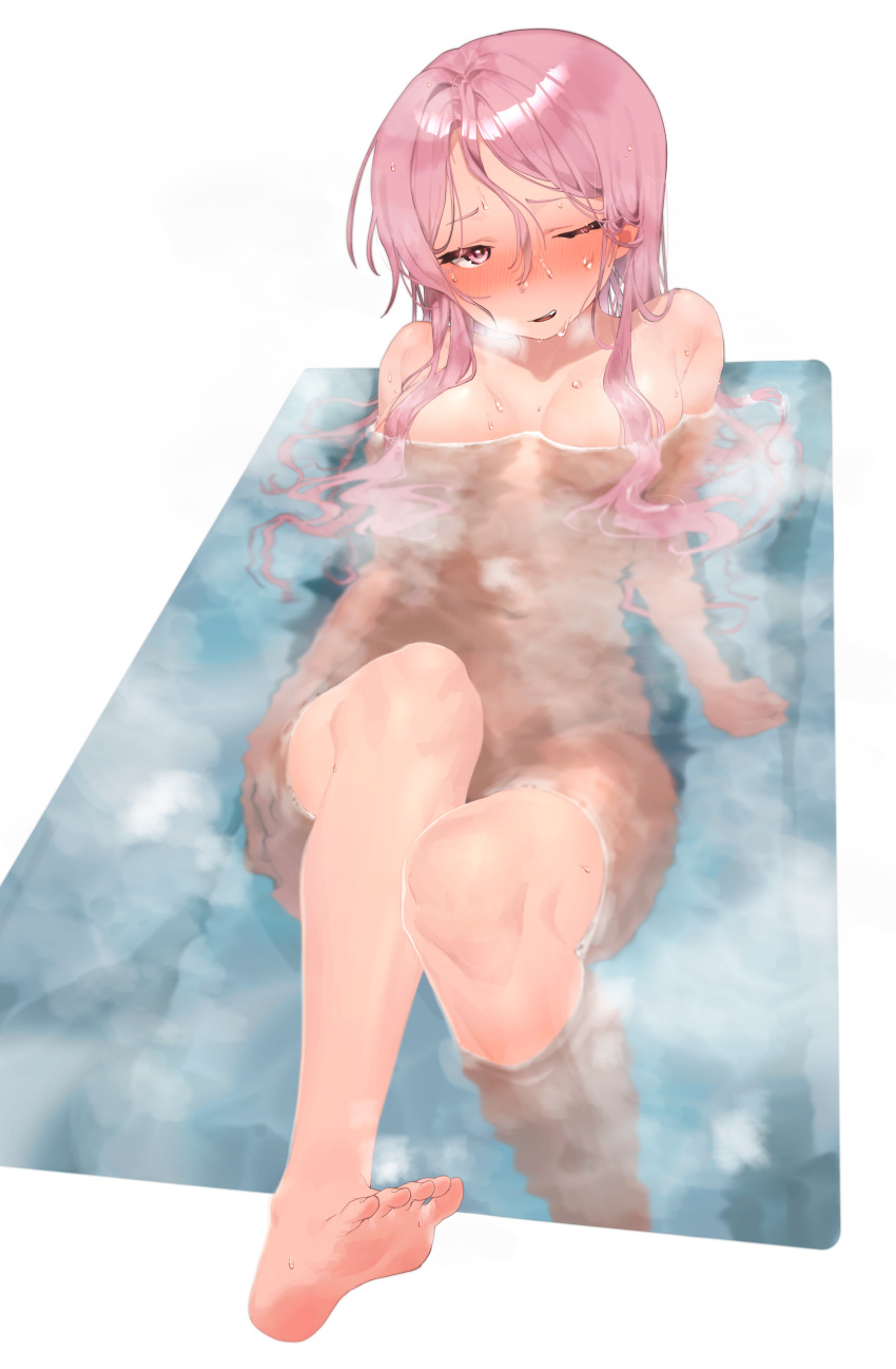 1girl absurdres barefoot bath bathing bathtub feet highres long_hair looking_at_viewer nude one_eye_closed open_mouth original partially_submerged red_eyes rubyaano_(ducl323) soles steam toes underwear water wet white_background