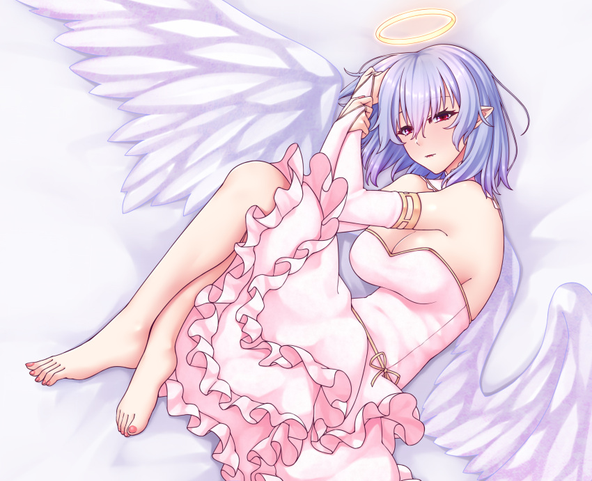 1girl absurdres alternate_wings angel angel_wings bare_shoulders barefoot blue_hair breasts bridal_gauntlets cleavage commentary_request dress elbow_gloves feet frilled_dress frills gloves halo highres large_breasts nail_polish older pink_dress pink_gloves pointy_ears red_eyes remilia_scarlet sleeveless sleeveless_dress solo strapless strapless_dress toes touhou wings zellam