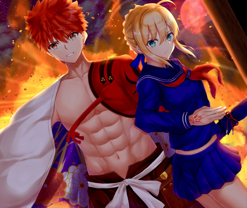 1boy 1girl abs absurdres ahoge artoria_pendragon_(all) bag blonde_hair blue_serafuku braid cape capsule_servant command_spell emiya_shirou fate/grand_order fate/stay_night fate_(series) french_braid green_eyes hair_ribbon highres holding igote limited/zero_over looking_at_viewer master_artoria neckerchief orange_hair pleated_skirt red_hair ribbon role_reversal school_bag school_uniform sengo_muramasa_(fate) shinai shirtless short_hair sidelocks single_bare_shoulder skirt smile sword toned toned_male toukan weapon weapon_bag what_if yellow_eyes