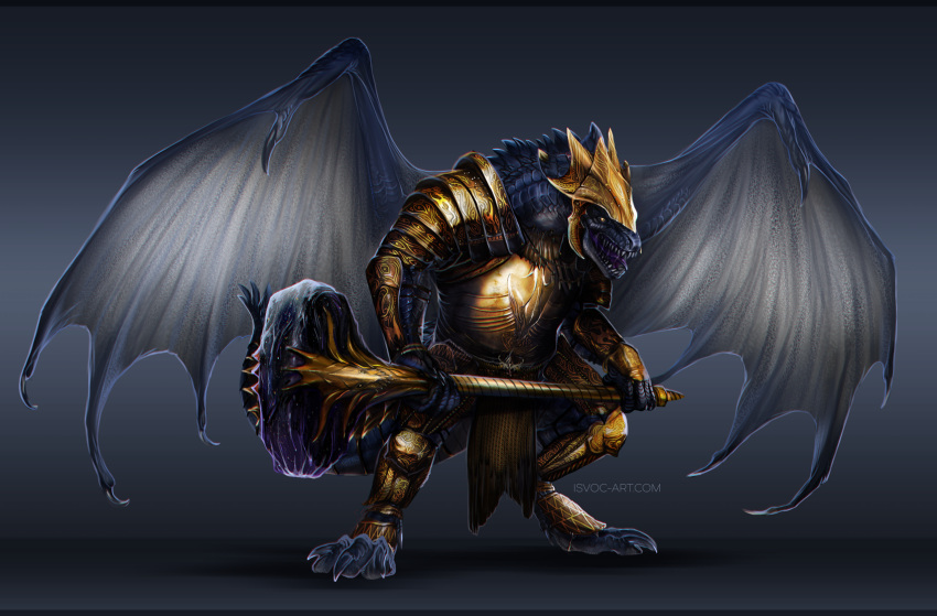 anthro armor biped blue_body bone_frill claws dragon frill_(anatomy) gold_(metal) hammer hi_res isvoc male open_mouth scales scalie simple_background solo teeth tools western_dragon wings zo'tesh