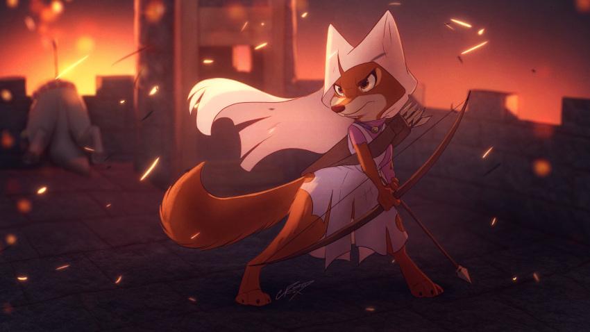 16:9 4k absurd_res anthro arrow blurred_background bottomless bow_(weapon) canid canine castle clothed clothing detailed_background disney duo female fight fighting_pose fire fox hi_res looking_aside maid_marian mammal pointedfox pose ranged_weapon robin_hood_(disney) solo_focus standing torn_clothing weapon widescreen