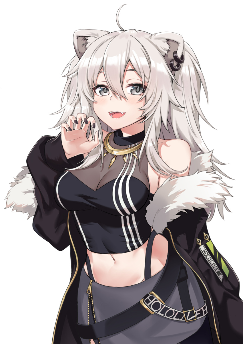 1girl :d absurdres ahoge animal_ear_fluff animal_ears bare_shoulders black_jacket black_nails black_shirt breasts cat_ears claw_pose cleavage commentary_request ear_piercing fangs fur-trimmed_jacket fur_trim grey_eyes grey_skirt hand_up highres hololive ivan_wang jacket lion_ears long_hair long_sleeves medium_breasts midriff nail_polish navel off_shoulder open_clothes open_jacket open_mouth piercing puffy_long_sleeves puffy_sleeves shirt shishiro_botan silver_hair simple_background skirt sleeveless sleeveless_shirt sleeves_past_wrists smile solo virtual_youtuber white_background