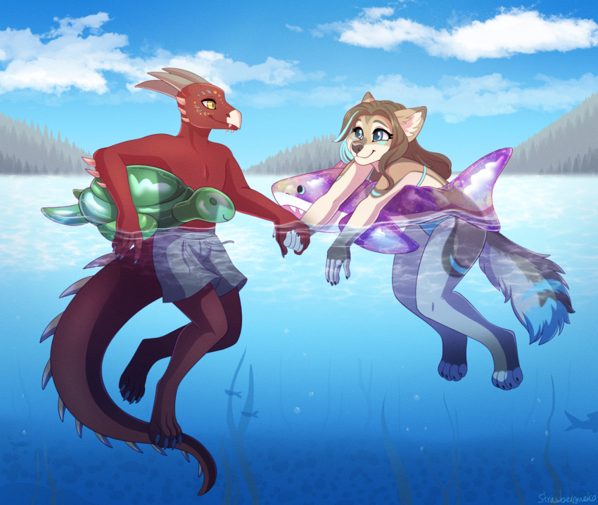 anthro bikini blue_eyes blue_highlights brown_hair canid canine canis claws clothing cloud couple_(disambiguation) dragon duo echo_(echoic) female floating fluffy fluffy_tail fur hair hand_holding highlights_(coloring) horn inflatable_toy lake male male/female mammal outside plant red_body red_scales romantic_couple scales scalie sky smile strawberryneko swimwear tan_body tan_fur tree water wolf yellow_eyes young