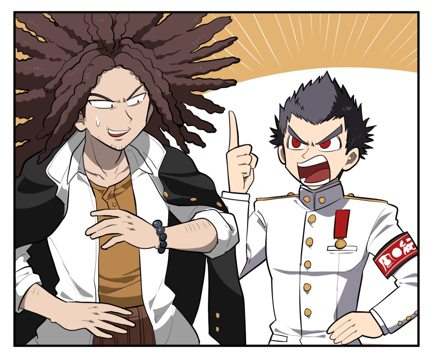 2boys angry bangs bead_bracelet beads black_hair black_jacket bracelet brown_hair danganronpa:_trigger_happy_havoc danganronpa_(series) furukawa_(yomawari) gakuran hagakure_yasuhiro hand_on_hip highres ishimaru_kiyotaka jacket jacket_on_shoulders jewelry long_hair long_sleeves looking_at_another male_focus multiple_boys open_mouth orange_shirt pointing red_eyes school_uniform shirt short_hair smile sweatdrop upper_body upper_teeth v-shaped_eyebrows white_jacket white_shirt