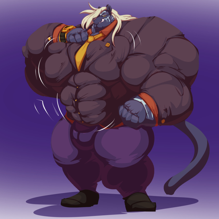 1:1 2021 anthro big_bulge big_muscles blue_body blue_fur bobert bulge clothing felid feline footwear fur gradient_background grin hair hand_on_pecs hi_res huge_bulge huge_muscles hyper hyper_muscles hyper_pecs long_hair male mammal musclegut muscular necktie plantigrade shoes simple_background smile solo standing suit white_hair