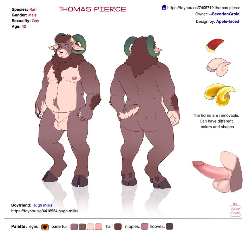 2020 amber_eyes animal_genitalia anthro apple-faced arm_hair balls body_hair bovid brown_body brown_hair butt caprine cloven_hooves digital_media_(artwork) english_text erection fully_sheathed genitals green_horn hair hi_res hooves horn horn_ring humanoid_genitalia humanoid_penis looking_at_viewer male mammal model_sheet multiple_versions nude penis sheath solo standing stomach_hair text url
