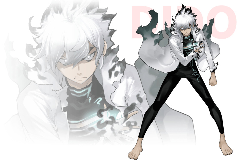 1boy barefoot bodysuit character_name dido_(super_robot_wars_dd) eyebrows_behind_hair fire glowing glowing_eyes highres jacket looking_at_viewer male_focus official_art open_hand scowl solo super_robot_wars super_robot_wars_dd v-shaped_eyebrows white_eyes white_hair white_jacket yasuda_suzuhito
