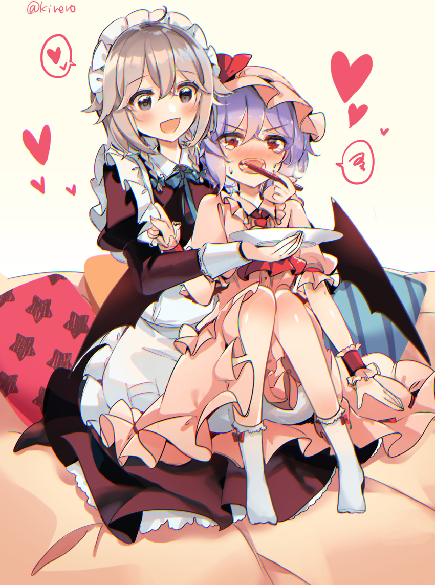 2girls :d adapted_costume ahoge angry annoyed apron apron_tug artist_name ascot black_dress blue_bow blue_eyes blue_neckwear blush bow bowtie brushing_another's_teeth commentary_request cushion dress embarrassed frilled_apron frilled_shirt_collar frills hair_bow happy headdress heart highres holding holding_clothes holding_plate holding_toothbrush izayoi_sakuya juliet_sleeves kirero knees_together_feet_apart long_sleeves maid maid_apron maid_headdress multiple_girls no_shoes nose_blush open_mouth pink_dress plate puffy_short_sleeves puffy_sleeves purple_hair red_eyes red_neckwear short_hair short_sleeves sidelocks silver_hair smile speech_bubble spoken_heart spoken_squiggle squiggle star_(symbol) sweatdrop tearing_up tears toothbrush toothbrush_in_mouth touhou twitter_username v-shaped_eyebrows white_apron white_legwear