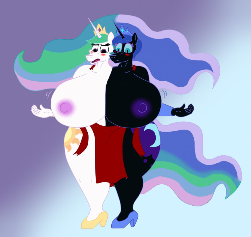 anthro big_breasts blush breasts clothing conjoined cutie_mark duo equid equine female footwear friendship_is_magic hasbro hi_res high_heels horn huge_breasts hyper hyper_breasts mammal my_little_pony pilot129 princess_celestia_(mlp) princess_luna_(mlp) shoes unicorn wardrobe_malfunction