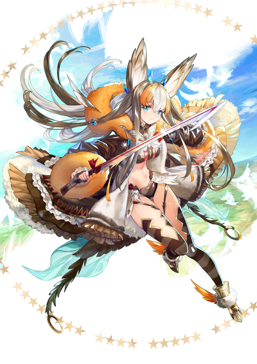 1girl absurdres animal_ears bangs blue_eyes breasts brown_hair coat eyebrows_visible_through_hair fur_trim highres holding holding_sword holding_weapon long_hair looking_at_viewer medium_breasts mizushirazu multicolored_hair open_clothes open_coat original personification solo striped striped_legwear sword thighhighs weapon