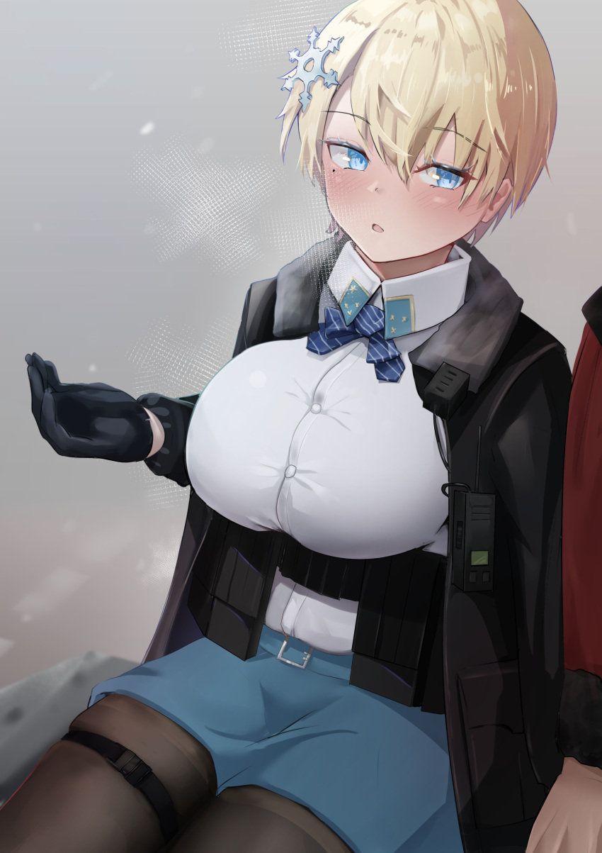 1boy 1girl absurdres bangs belt black_gloves black_jacket black_legwear blonde_hair blue_belt blue_eyes blue_neckwear blue_skirt blush breasts collared_shirt commander_(girls_frontline) commentary_request cowboy_shot eyebrows_visible_through_hair girls_frontline gloves grey_background hair_between_eyes hair_ornament hand_up highres jacket large_breasts long_sleeves looking_at_another magazine_(weapon) military military_uniform mole mole_under_eye neck_ribbon nose_blush open_clothes open_jacket out_of_frame pantyhose parted_lips pencil_skirt red_jacket ribbon shirt shirt_tucked_in short_hair simple_background sitting skirt snow snowflake_hair_ornament solo_focus solokitsune striped striped_neckwear thigh_strap uniform visible_air vsk-94_(girls_frontline) walkie-talkie white_shirt