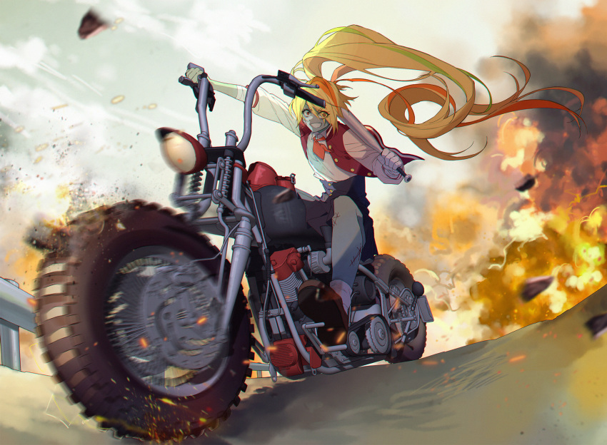 1girl al_(ahr) bandage blonde_hair blue_skirt bousouzoku explosion eyebrows_visible_through_hair eyes_visible_through_hair facial_scar green_hair grin ground_vehicle guard_rail hair_over_one_eye highres holding holding_weapon jacket letterman_jacket long_hair looking_at_viewer metal_baseball_bat motor_vehicle motorcycle multicolored_hair necktie nikaidou_saki on_vehicle orange_hair pleated_skirt ponytail red_eyes scar skirt smile solo streaked_hair v-shaped_eyebrows weapon zombie zombie_land_saga