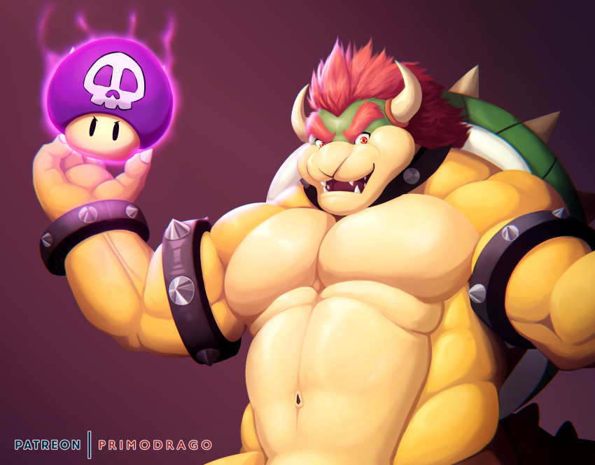 2018 4_fingers anthro bowser bracelet collar front_view gradient_background hair hi_res horn jewelry koopa looking_at_viewer male mario_bros mushroom navel nintendo nude primodrago purple_background red_eyes red_hair scalie simple_background solo spiked_bracelet spiked_collar spikes video_games