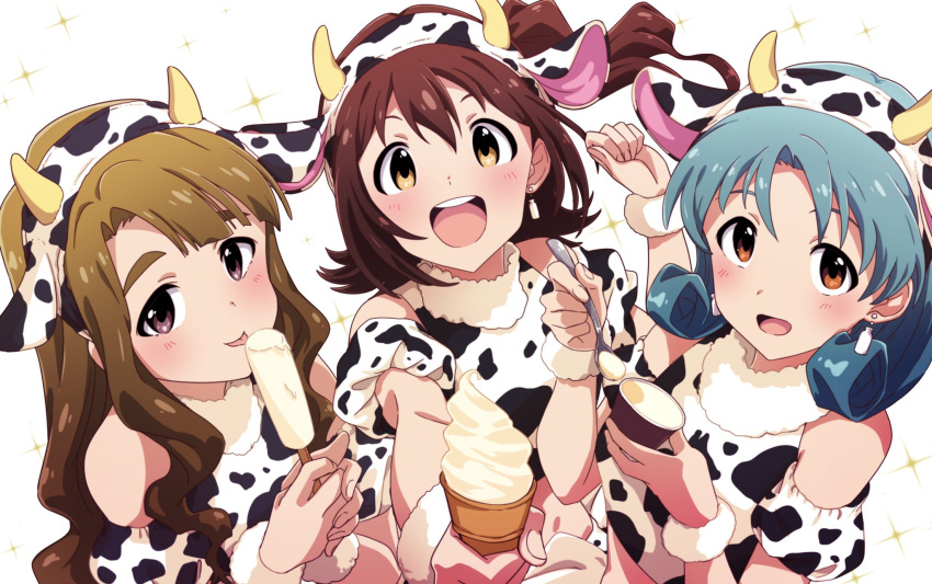 3girls animal_print bangs bare_shoulders blush bottle brown_eyes brown_hair cow_horns cow_print earrings eating english_commentary food from_above fur_trim green_hair hairband highres holding holding_food holding_spoon horns ice_cream idolmaster idolmaster_million_live! jewelry kasuga_mirai licking long_hair looking_at_viewer milk_bottle miyao_miya multiple_girls open_mouth popsicle round_teeth smile soft_serve spoon teeth thick_eyebrows tokugawa_matsuri upper_body wanoji yellow_eyes