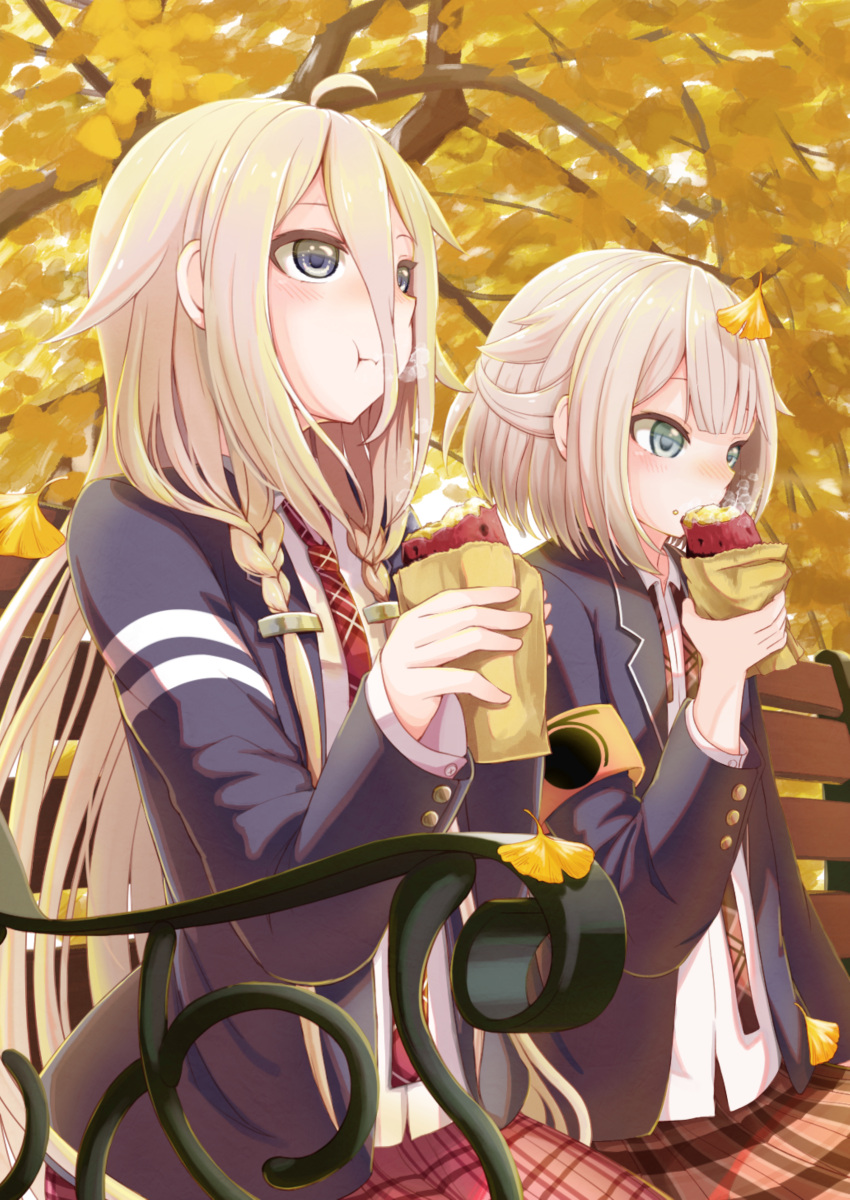 2girls absurdres armband autumn bangs bench black_jacket blazer blue_eyes blunt_bangs cevio commentary eating food ginkgo_leaf haiyuki_yuki highres holding holding_food ia_(vocaloid) jacket long_hair looking_up multiple_girls necktie one_(cevio) plaid plaid_neckwear plaid_skirt platinum_blonde_hair red_neckwear red_skirt school_uniform shirt short_hair siblings sisters sitting skirt steam sweet_potato tree upper_body very_long_hair vocaloid white_shirt yakiimo yellow_leaves