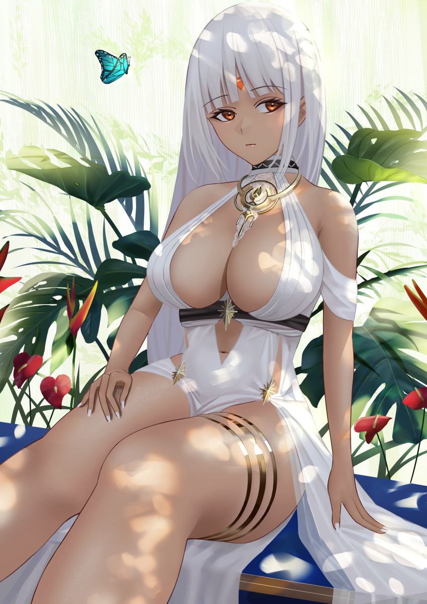 1girl absurdres azur_lane bare_shoulders blue_butterfly body_markings breasts bug butterfly center_opening cocktail_dress dark_skin dark_skinned_female dress evening_gown eyebrows_visible_through_hair facial_mark forehead_mark gold_choker halter_dress highres insect large_breasts long_dress long_hair looking_to_the_side massachusetts_(azur_lane) massachusetts_(dressed_to_impress)_(azur_lane) native_american no_bra orange_eyes plant sitting sleeveless sleeveless_dress solo thighlet white_hair white_nails you_(yoyou)