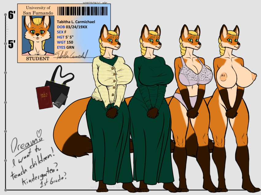 anthro big_breasts braided_hair braided_ponytail breasts canid canine college_student curvy_figure female female/female fox hair mammal model_sheet solo tabitha_(wsad) wsad_(artist)