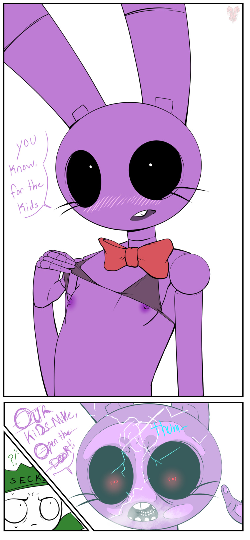 2019 5_fingers absurd_res animatronic anthro behind_glass bikini bikini_lift bikini_top black_outline blush bonnie_(fnaf) border bow_tie bra bra_lift breasts buckteeth clothing comic cracks dialogue digital_drawing_(artwork) digital_media_(artwork) duo english_text eye_contact female fingers five_nights_at_freddy's green_clothing green_hat green_headwear hat headgear headwear hi_res human humor joints lagomorph leporid looking_at_another looking_at_viewer machine male male/female mammal multiple_images nipples open_mouth outline presenting presenting_breasts purple_body rabbit red_bow_tie roadiesky robot simple_background small_breasts speech_bubble stare style_parody swimwear teeth text text_on_clothing text_on_hat text_on_headwear underwear video_games weaver_bonnie white_background white_border window