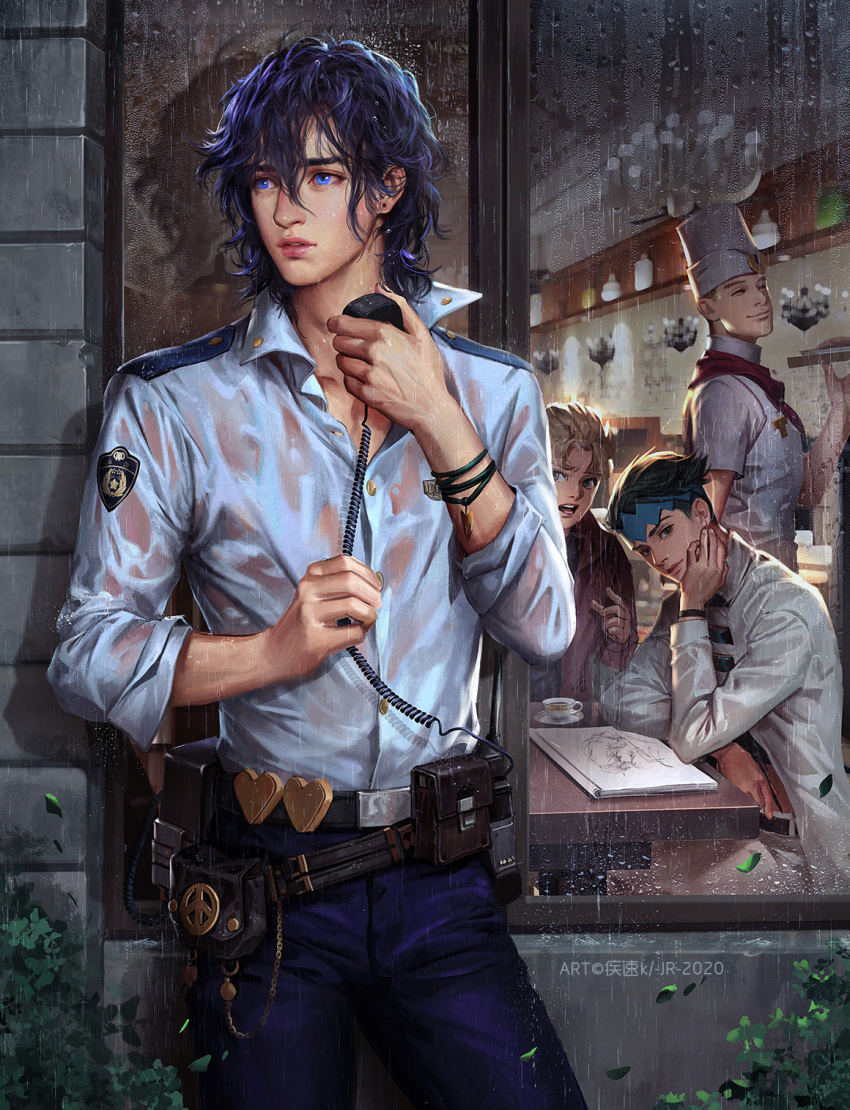 4boys :o artist_name belt black_hair blue_eyes blue_headband cdash817 chef chef_hat closed_eyes cup dated denim diamond_wa_kudakenai earrings hat headband higashikata_josuke highres hirose_kouichi holster jewelry jojo_no_kimyou_na_bouken kishibe_rohan multiple_boys police police_uniform rain sitting sketchbook standing teacup tonio_trussardi uniform walkie-talkie wet window