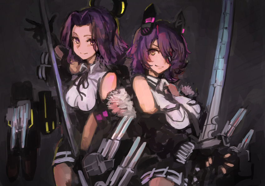 2girls absurdres bangs black_gloves black_jacket black_skirt breast_pocket breasts capelet eyepatch fingerless_gloves fur-trimmed_jacket fur_trim glaive gloves grey_background headgear high-waist_skirt highres holding holding_sword holding_weapon jacket kantai_collection large_breasts mechanical_halo moor multiple_girls neck_ribbon necktie off_shoulder pocket polearm purple_hair remodel_(kantai_collection) ribbon rigging shirt simple_background skirt sleeveless sleeveless_shirt smile sword tatsuta_(kantai_collection) tenryuu_(kantai_collection) weapon white_shirt yellow_eyes