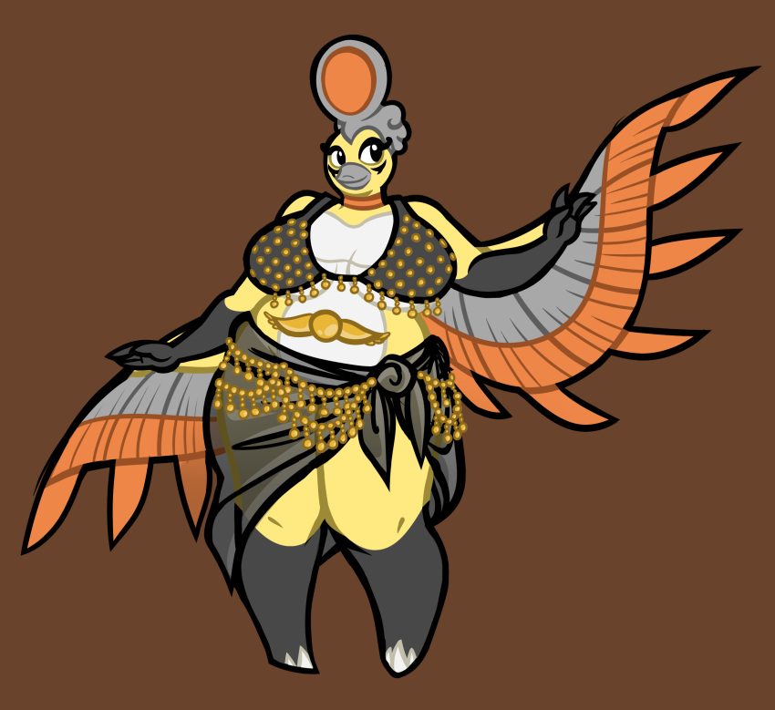 anthro areola avian beak big_breasts black_clothing black_eyes bra breasts claws clothed clothing digital_media_(artwork) egyptian egyptian_headdress eye_markings eyelashes eyeliner female headgear headwear hi_res ho-oh jewelry legendary_pok&eacute;mon makeup markings nintendo pok&eacute;mon pok&eacute;mon_(species) quadlinda sarong shiny_pok&eacute;mon slightly_chubby solo spread_wings thick_thighs toe_claws underwear video_games wings yellow_body