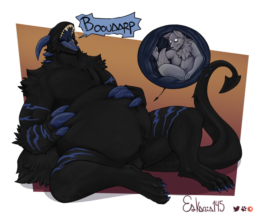 2021 3_fingers 3_toes abdominal_bulge absurd_res after_vore ambiguous_species anthro anthro_pred anthro_prey arm_tuft barefoot belly belly_tuft biceps big_belly big_claws biped black_body black_claws black_fur black_nose black_text blue_horn blue_markings blue_tongue bodily_fluids border brown_background burping canid canine canis character_request cheek_tuft chest_tuft claws cramped crotch_tuft cutaway demon digital_drawing_(artwork) digital_media_(artwork) dripping duo eskaria145 facial_tuft fangs feet finger_claws fingerclaws fingers fluffy fluffy_tail front_view fur fur_markings furaffinity grey_body grey_fur hand_on_stomach happy hi_res horn internal larger_anthro larger_male larger_pred long_tail male male_pred male_prey mammal markings musclegut muscular muscular_anthro muscular_male neck_tuft nude on_ground open_mouth open_smile oral_vore organs patreon paw_tuft paws pecs pointed_tail pointy_tail restrained saliva saliva_drip satisfied scared shaded shoulder_tuft side_view signature simple_background sitting size_difference slightly_chubby smaller_anthro smaller_prey smile soft_vore sound_effects speech_bubble spread_legs spreading stomach sweat teeth text three-quarter_view toes tongue tuft twitter vore watermark white_border wide_eyed wolf worried