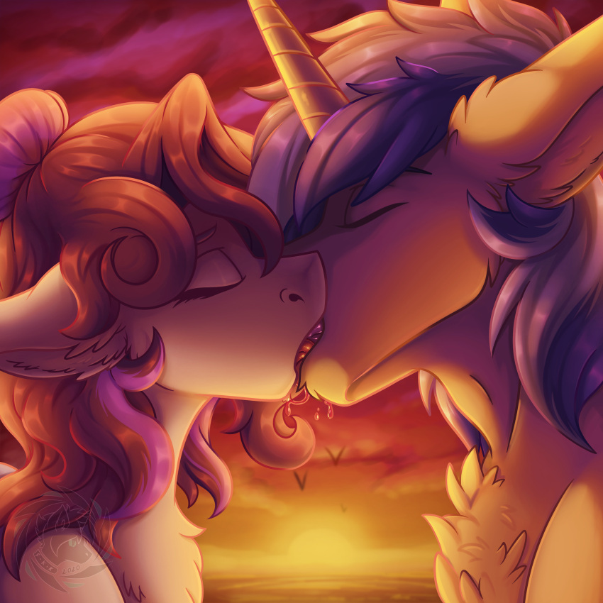 1:1 2021 absurd_res ambiguous_form bodily_fluids chest_tuft duo ears_back equid equine eyes_closed fan_character female fkk french_kissing fur hasbro hi_res horn horse inner_ear_fluff jade_jump kissing lunar_spice male mammal mane my_little_pony pivoted_ears pony portrait purple_mane red_mane saliva signature sunset tuft unicorn watermark white_body white_fur