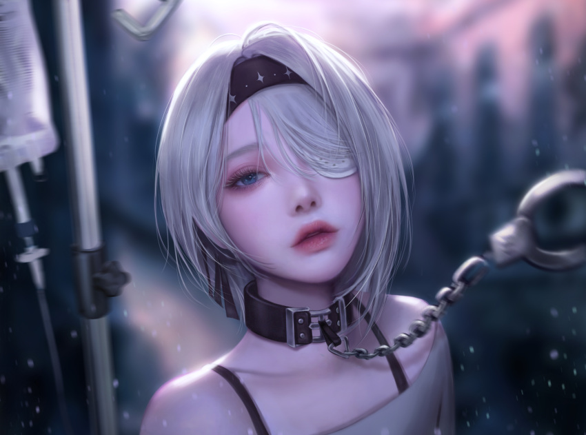 1girl absurdres belt_collar black_hairband black_survival blue_eyes chain choker collar eyepatch hair_over_one_eye hairband highres intravenous_drip korean_commentary light looking_at_viewer medium_hair parted_lips pinker sissela_(black_survival) solo white_eyepatch