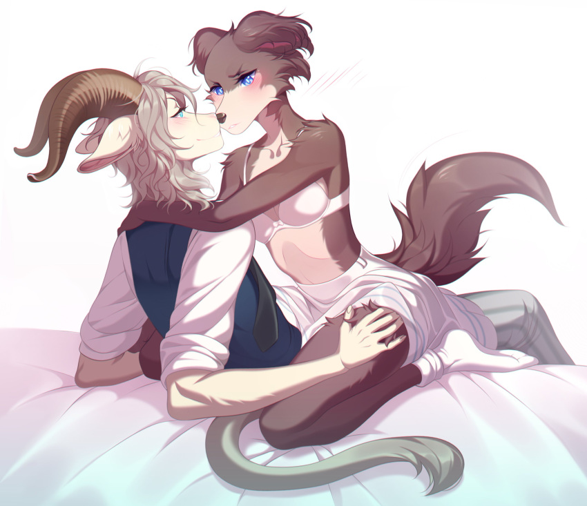 absurd_res anthro beastars blue_eyes blush bottomwear bovid bra brown_body brown_fur canid canine canis caprine clothed clothing dall_sheep duo female fluffy fluffy_tail fully_clothed fur hair hi_res horn juno_(beastars) male male/female mammal nuzzling pina_(beastars) predator/prey rokito school_uniform sheep skirt smile underwear uniform white_body white_fur white_hair wolf