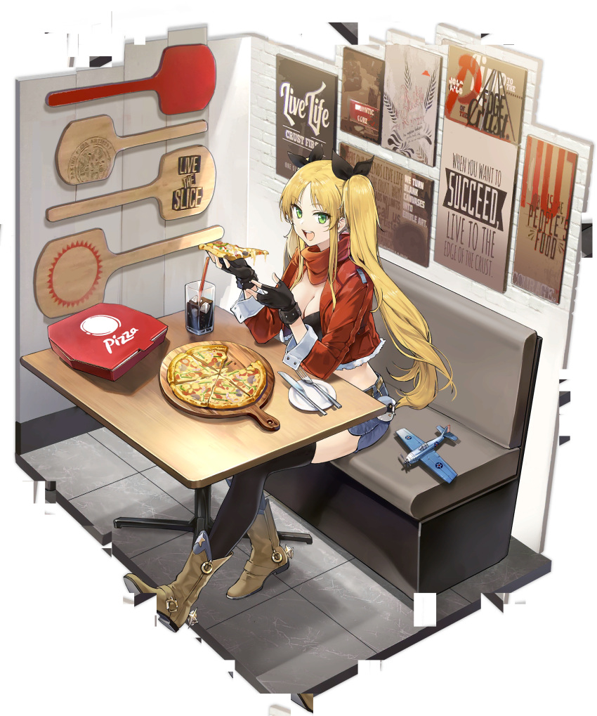 1girl aircraft airplane azur_lane bangs black_legwear blonde_hair boots breasts cleavage coat cola commentary_request food green_eyes hair_ribbon hao_(patinnko) highres hornet_(azur_lane) hornet_(freshly-baked_bonding!)_(azur_lane) large_breasts long_hair looking_at_viewer official_alternate_costume official_art open_mouth pizza pizza_box pizza_hut pizza_slice red_coat ribbon short_shorts shorts smile solo thighhighs transparent_background twintails very_long_hair