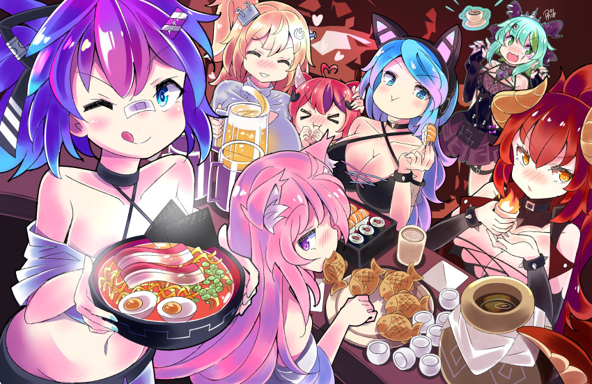 &gt;_&lt; 6+girls ;p ^_^ ^o^ absurdres ahoge alcohol animal_ears bacon bandaid bandaid_on_nose bangs bare_shoulders beer beer_mug black_gloves blonde_hair blue_eyes blue_hair blue_nails blush bowl bracelet breasts bridal_gauntlets bsapricot_(vtuber) buckle cat_ears cat_girl choker choko_(cup) cleavage closed_eyes collarbone commentary commission crop_top cross-laced_clothes cross-laced_top cup demon_girl demon_horns detached_collar dish dragon_girl dragon_horns dragon_tail eating english_commentary everyone eyebrows_visible_through_hair fang food food_in_mouth gloves gradient_hair green_hair hair_between_eyes hair_ornament hand_on_another's_head hardboiled_egg headphones heart heart_ahoge heart_choker heart_hair_ornament highres hime_hajime holding holding_bowl holding_cup holding_food horns huge_breasts ironmouse jewelry jitome jug large_breasts long_hair looking_at_viewer looking_back medium_breasts medium_hair melody_(projektmelody) miniskirt mug multicolored_hair multiple_girls nail_polish navel noodles nori_(seaweed) nyatasha_nyanners off-shoulder_shirt off_shoulder one_eye_closed orange_eyes phibonnachee pink_hair ponytail pout power_symbol projektmelody purple_eyes purple_hair purple_horns purple_nails ramen red_hair ring saucer screw_hair_ornament see-through sheer_clothes shirt side_ponytail sidelocks signature silvervale sitting skin_fang skirt smile spiked_bracelet spikes standing sushi table tail taiyaki teabag teacup thigh_strap tiara tongue tongue_out turtleneck two-tone_hair vshojo wagashi zentreya_(vtuber)