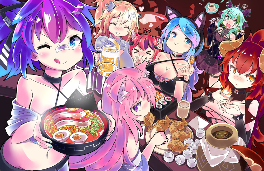 6+girls ;p >_< ^_^ ^o^ absurdres ahoge alcohol animal_ears apricot_the_lich apricot_the_lich_(1st_costume) bacon bandaid bandaid_on_face bandaid_on_nose bare_shoulders beer beer_mug black_gloves blonde_hair blue_eyes blue_hair blue_nails blush bowl bracelet breasts bridal_gauntlets buckle cat_ears cat_girl choker choko_(cup) cleavage closed_eyes collarbone commentary commission crop_top cross-laced_clothes cross-laced_top cup demon_girl demon_horns detached_collar dragon_girl dragon_horns dragon_tail eating egg_(food) english_commentary everyone fang food food_in_mouth gloves gradient_hair green_hair hair_between_eyes hair_ornament hand_on_another's_head hardboiled_egg headphones heart heart_ahoge heart_choker heart_hair_ornament highres hime_hajime hime_hajime_(1st_costume) holding holding_bowl holding_cup holding_food horns huge_breasts ironmouse jewelry jitome jug_(bottle) large_breasts long_hair looking_at_viewer looking_back medium_breasts medium_hair melody_(projektmelody) miniskirt mug multicolored_hair multiple_girls nail_polish navel noodles nori_(seaweed) nyatasha_nyanners nyatasha_nyanners_(1st_costume) off-shoulder_shirt off_shoulder one_eye_closed orange_eyes phibonnachee pink_hair plate ponytail pout power_symbol purple_eyes purple_hair purple_horns purple_nails ramen red_hair ring saucer screw_hair_ornament see-through shirt side_ponytail sidelocks signature silvervale silvervale_(1st_costume) sitting skin_fang skirt smile spiked_bracelet spikes standing sushi table tail taiyaki teabag teacup thigh_strap tiara tongue tongue_out turtleneck two-tone_hair virtual_youtuber vshojo wagashi zentreya zentreya_(dragon)
