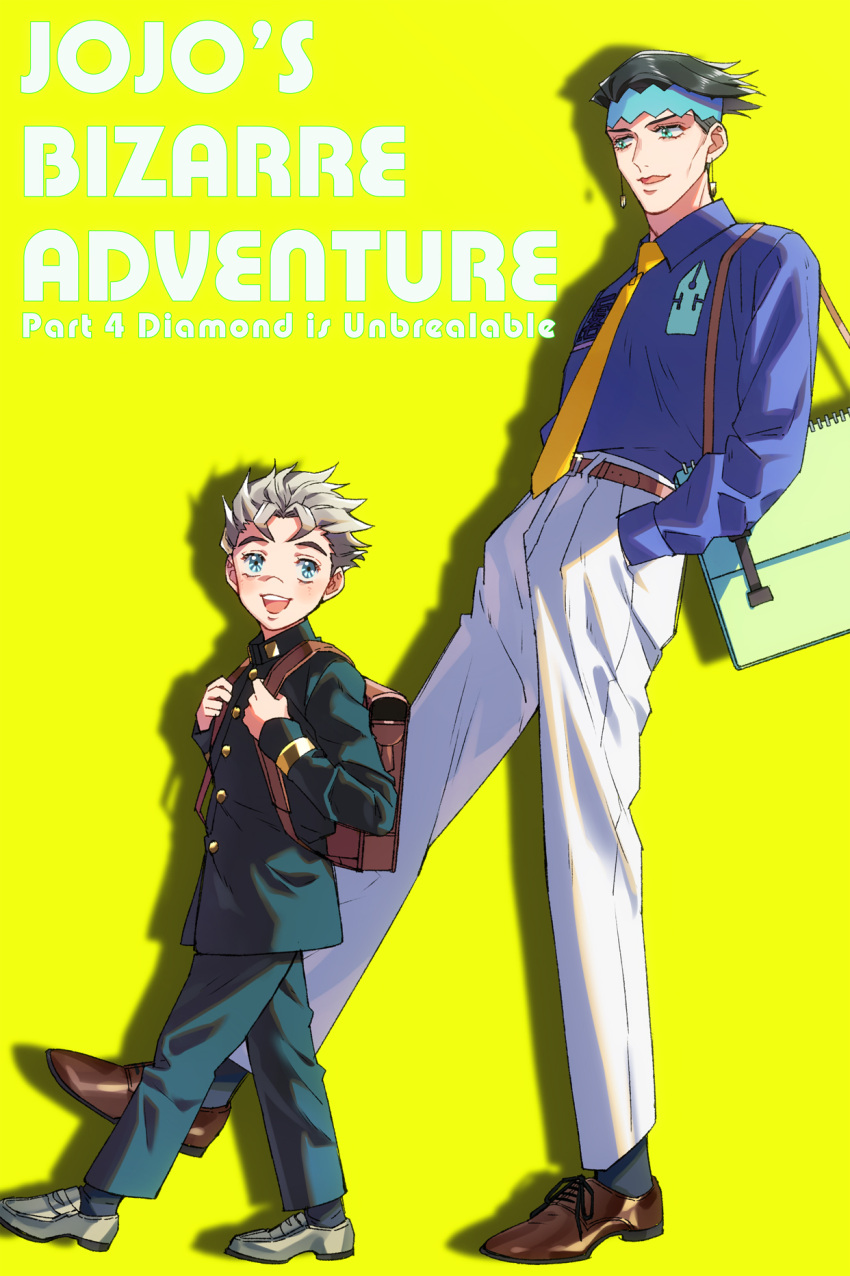 2boys :d backpack bag belt black_legwear blue_shirt blush brown_belt brown_footwear collared_shirt commentary_request copyright_name diamond_wa_kudakenai drop_shadow earrings from_side gakuran green_eyes green_headband green_jacket green_pants grey_footwear grey_hair hand_in_pocket headband highres hirose_kouichi holding_strap jacket jewelry jojo_no_kimyou_na_bouken k_(gear_labo) kishibe_rohan leg_up looking_at_viewer looking_to_the_side male_focus multiple_boys necktie open_mouth orange_neckwear pants school_bag school_uniform shirt shirt_tucked_in shoes short_hair shoulder_bag simple_background smile socks spiked_hair upper_teeth walking white_pants yellow_background