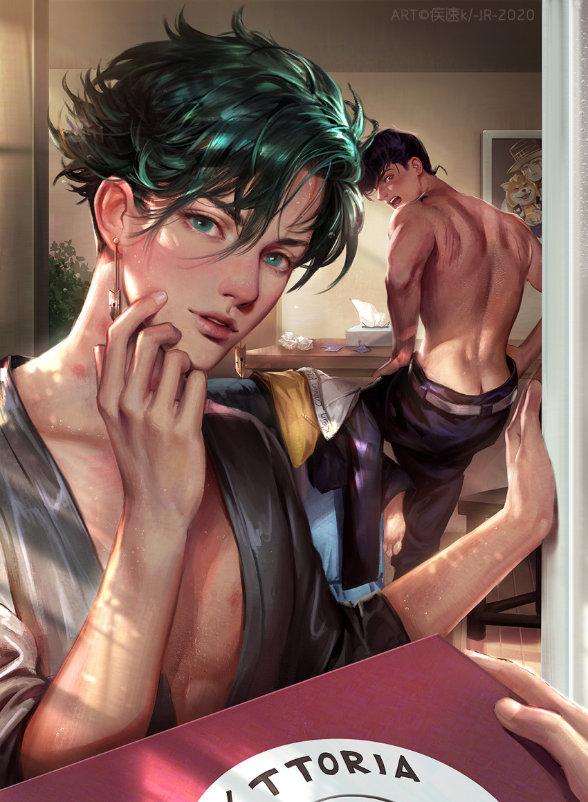 2boys :o ass back barefoot black_hair cdash817 condom_wrapper earrings green_eyes green_hair higashikata_josuke highres indoors jewelry jojo_no_kimyou_na_bouken kishibe_rohan looking_back male_focus multiple_boys plant potted_plant scratches shirt_removed tissue_box used_tissue watermark