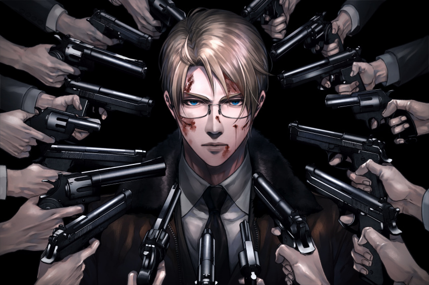 1boy absurdres ahoge america_(hetalia) axis_powers_hetalia black_background black_neckwear blonde_hair blood blue_eyes closed_mouth collared_shirt glasses gun handgun hands highres holding holding_gun holding_weapon jacket john_wick lips male_focus necktie npyon parody pistol revolver semi-rimless_eyewear serious shirt short_hair solo_focus upper_body weapon